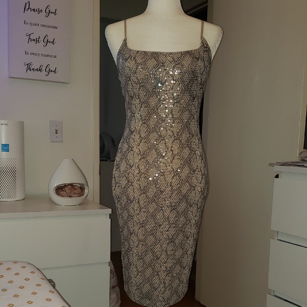 Gold and Cream Bodycon Midi Dress Spaghetti Strap